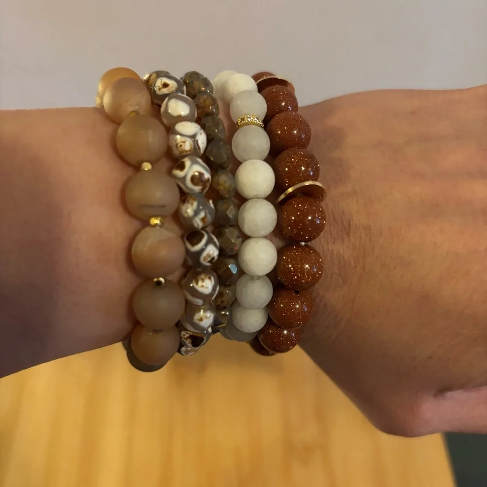 Handmade Etched Agate Goldstone Czech Glass Bracelet Stack Set of 5 NWT
